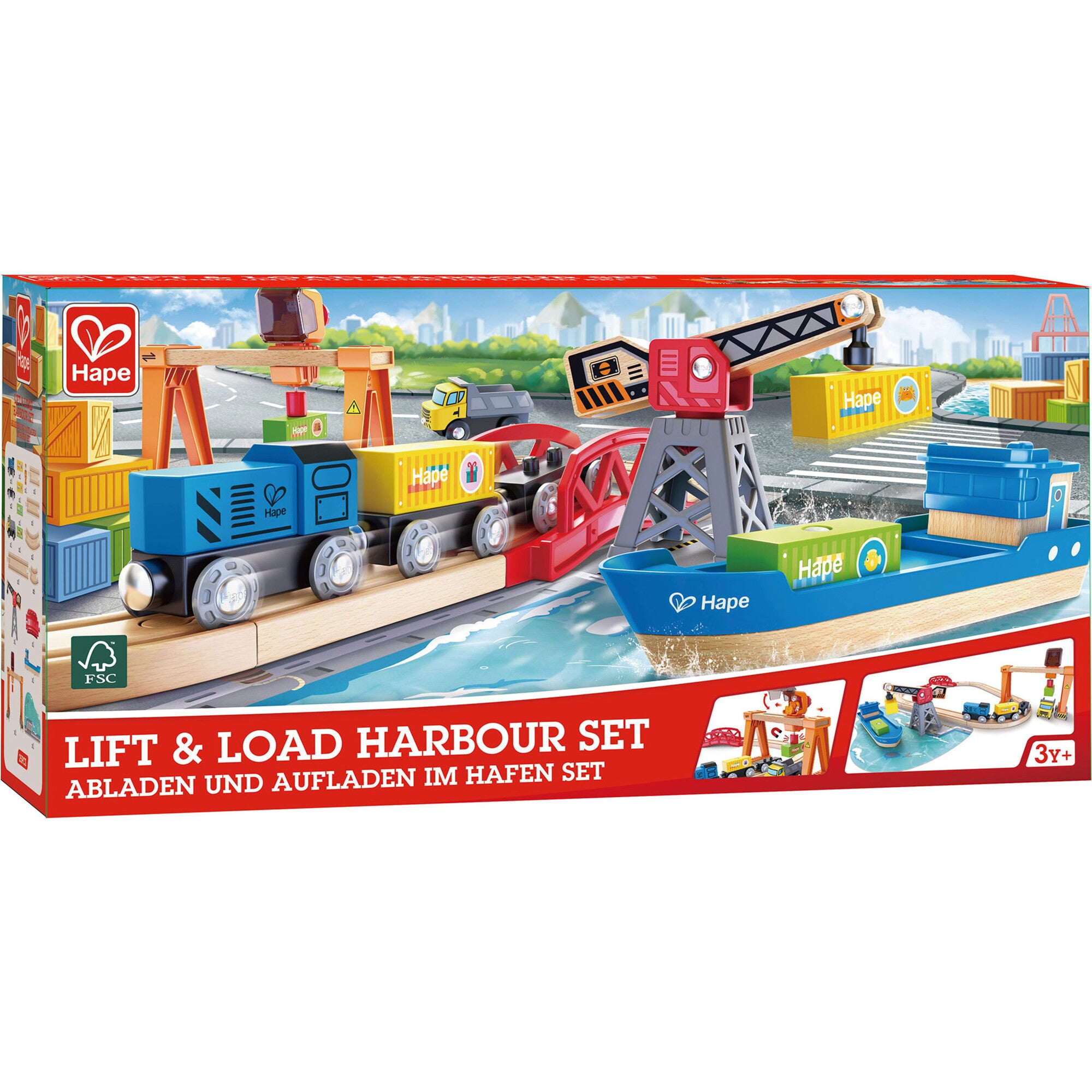 Hape: Lift & Load Harbor Set - 25 pc Land & Water Wooden Train Toy Playset