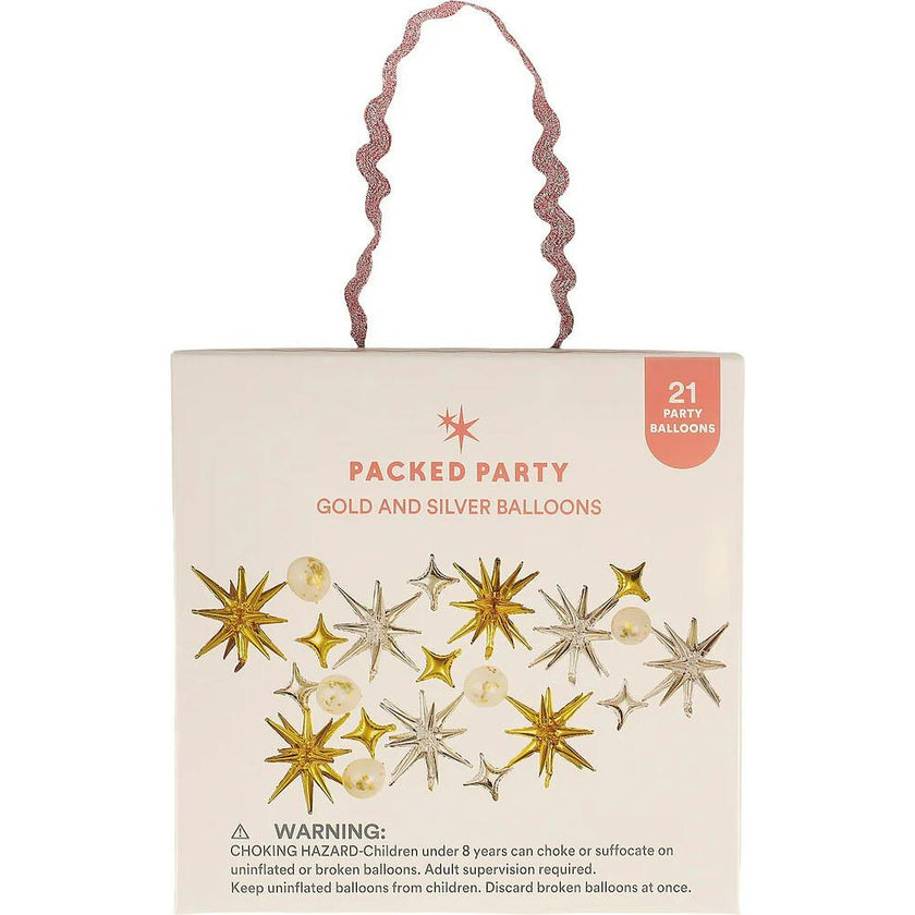 Packed Party Sparkle and Shine Gold Silver Confetti Mylar Balloon Set 21ct - Spark-Shaped and Confetti-Filled Balloons with Glue Dots and Strings Included