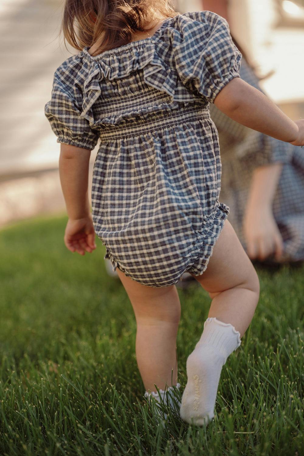 Baby Mae 3/4 Sleeves Romper in Prussian Blue Plaid