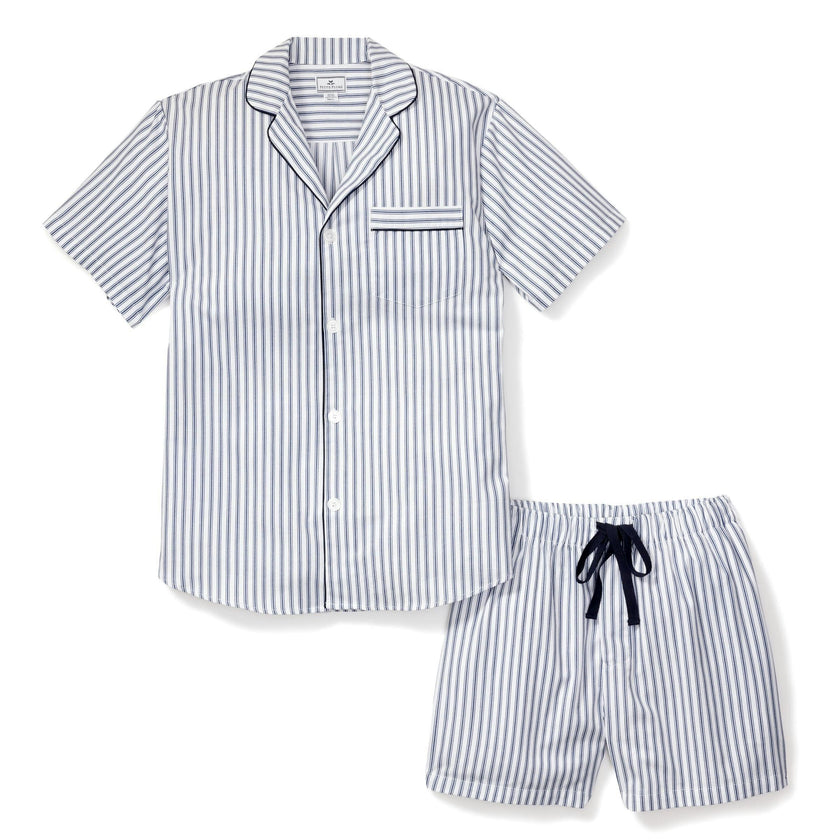 Men's Twill Pajama Short Set in Navy French Ticking