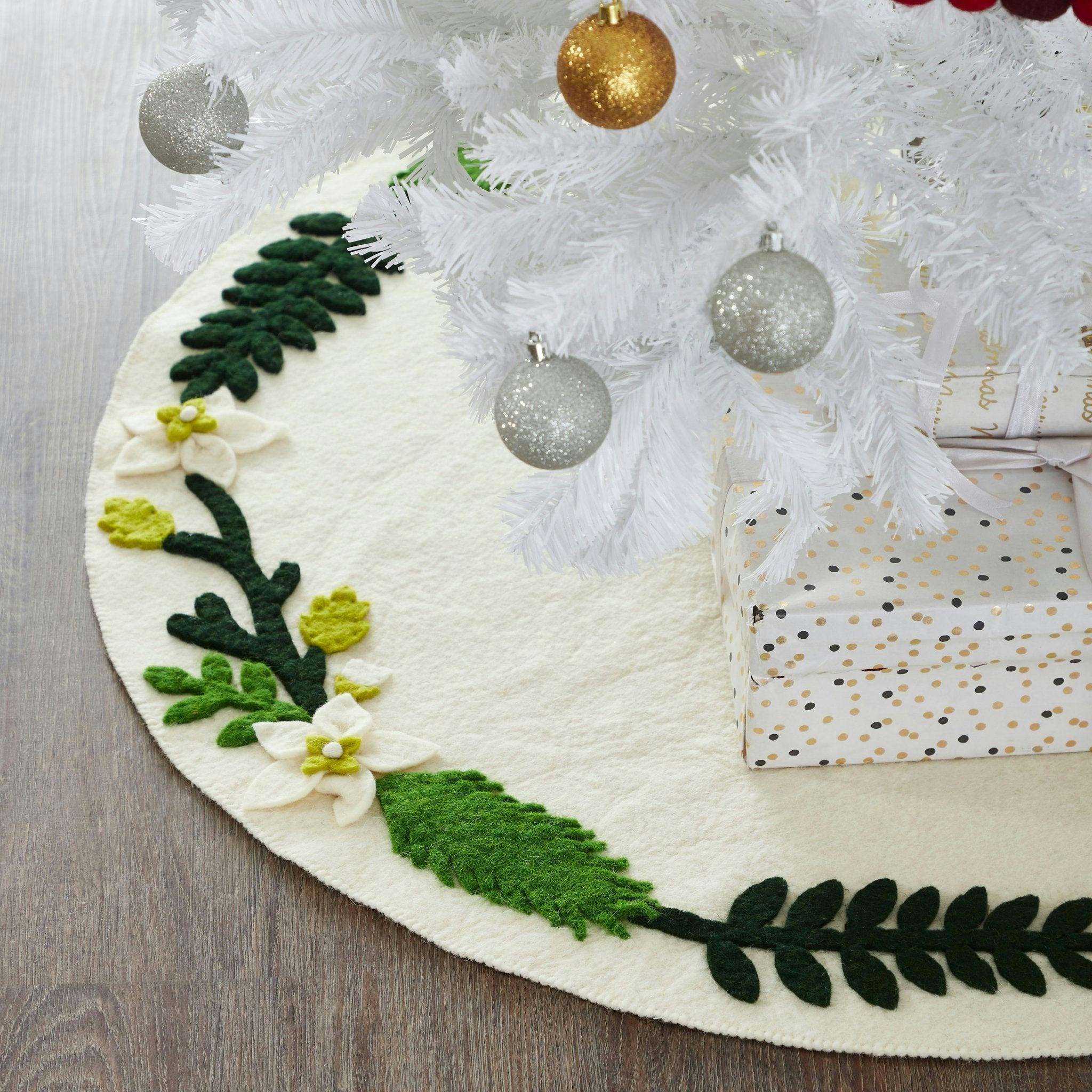 Handmade Christmas Tree Skirt Felt - Greenery Border Cream - 36