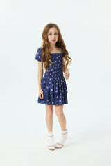 Lexi Rose Bow Navy Satin Smocked Short Sleeve Ruffle Dress