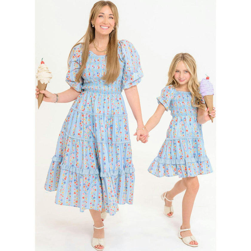 Roselyn Dress in Blue Linear Floral Print