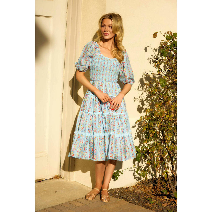 Roselyn Dress in Blue Linear Floral Print