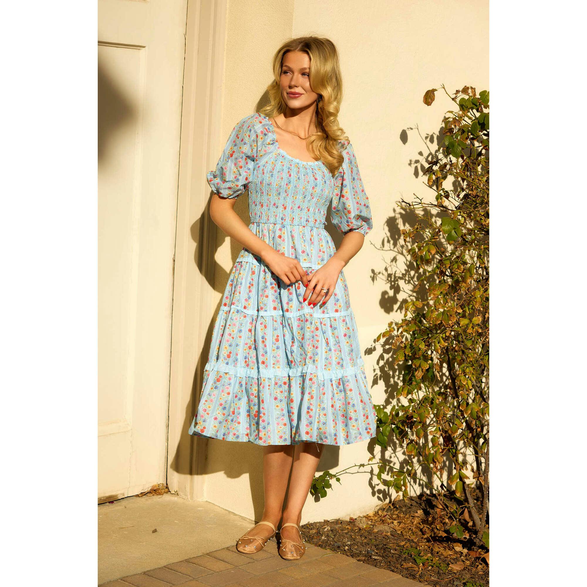 Roselyn Dress in Blue Linear Floral Print