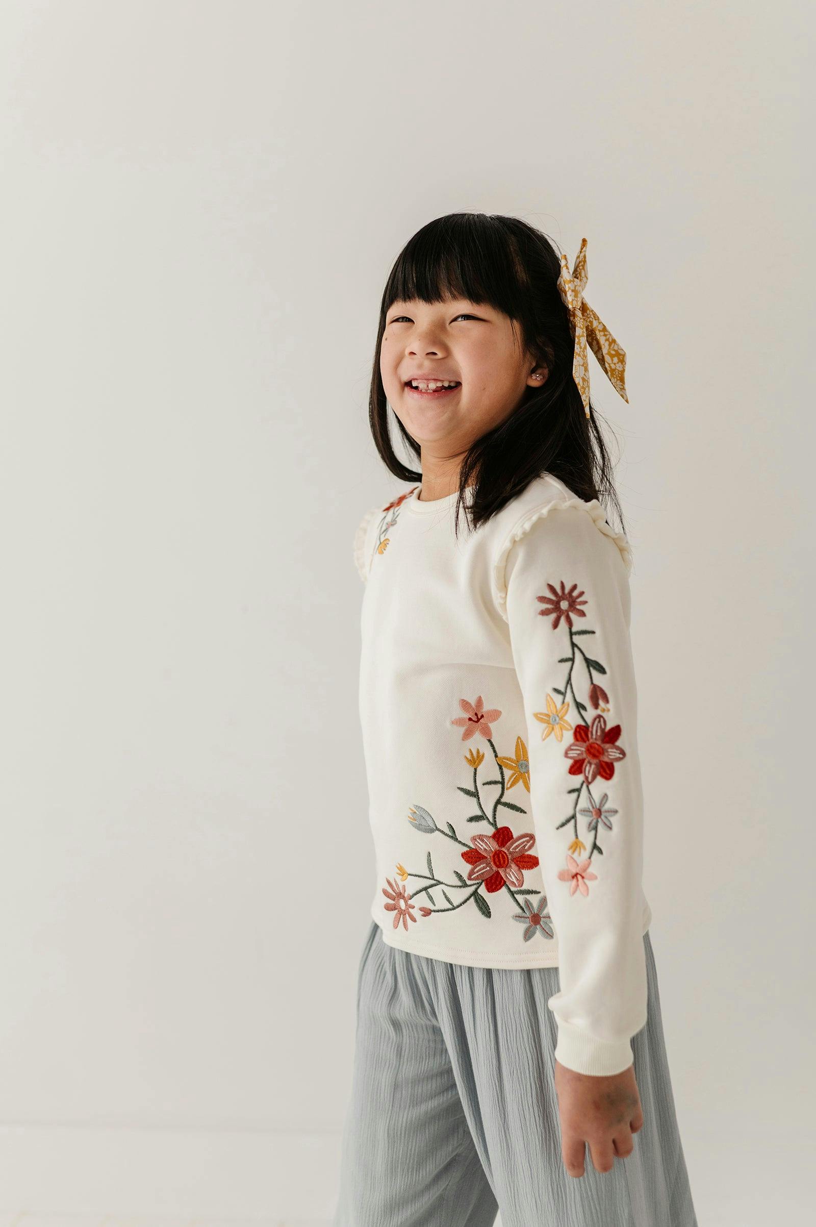 Girls Raw Edge Sweatshirt in Addison Embroidery Floral