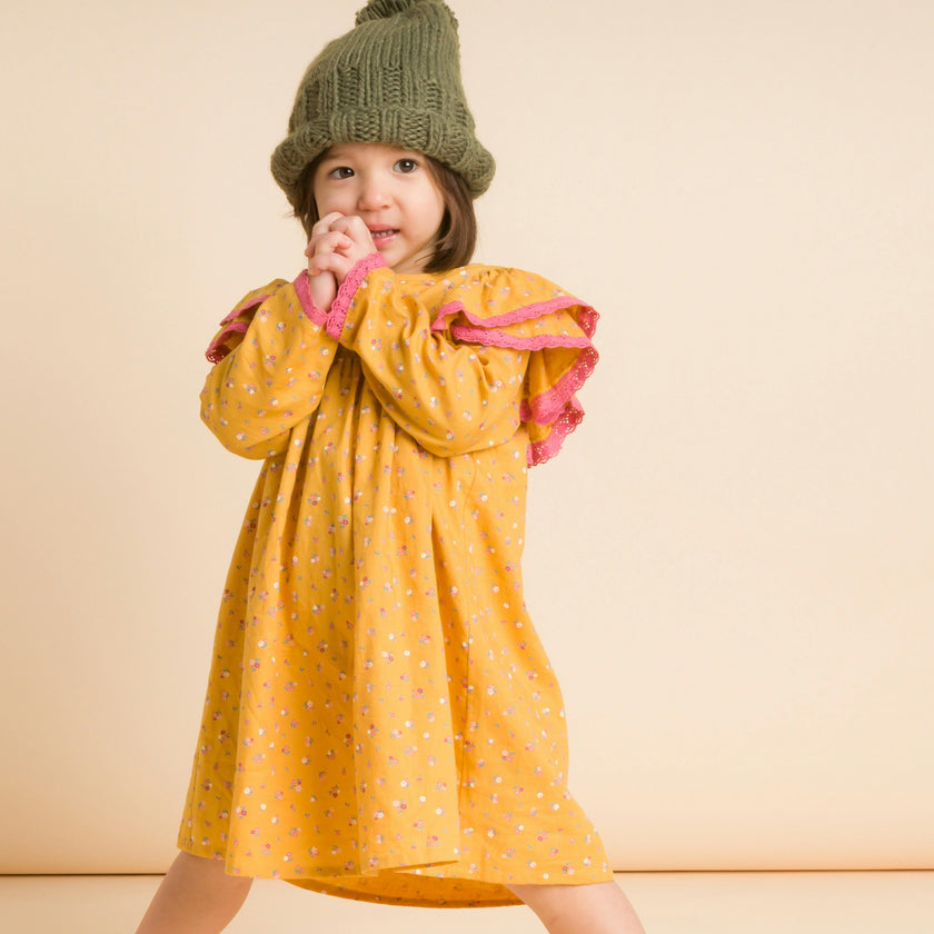 Toddler Long Flutter Sleeves Dress with Lace Trim