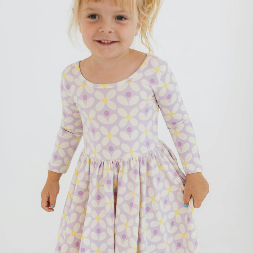 3/4 Sleeve Twirl Dress in Pale Purple Petals