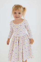 3/4 Sleeve Twirl Dress in Pale Purple Petals