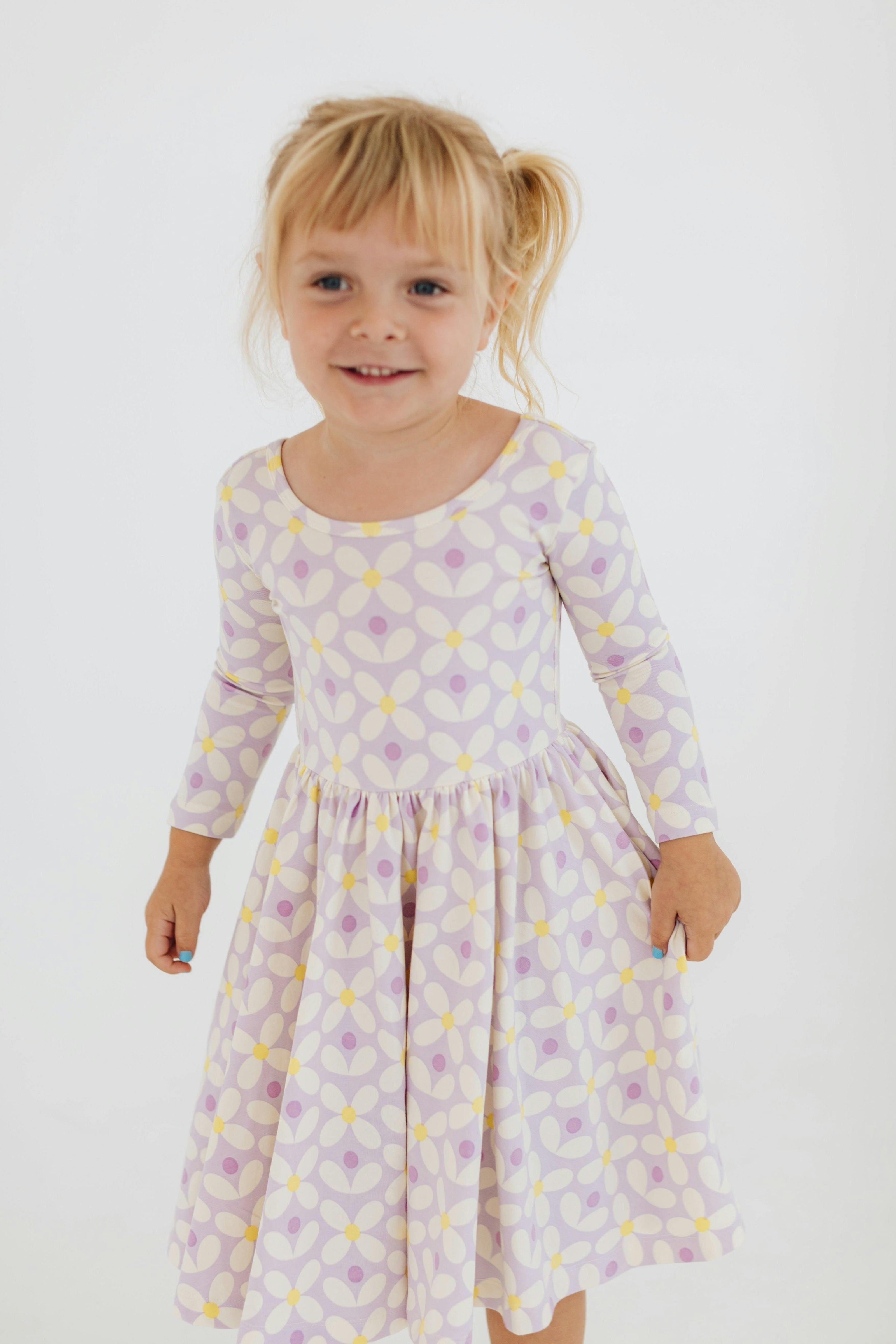 3/4 Sleeve Twirl Dress in Pale Purple Petals