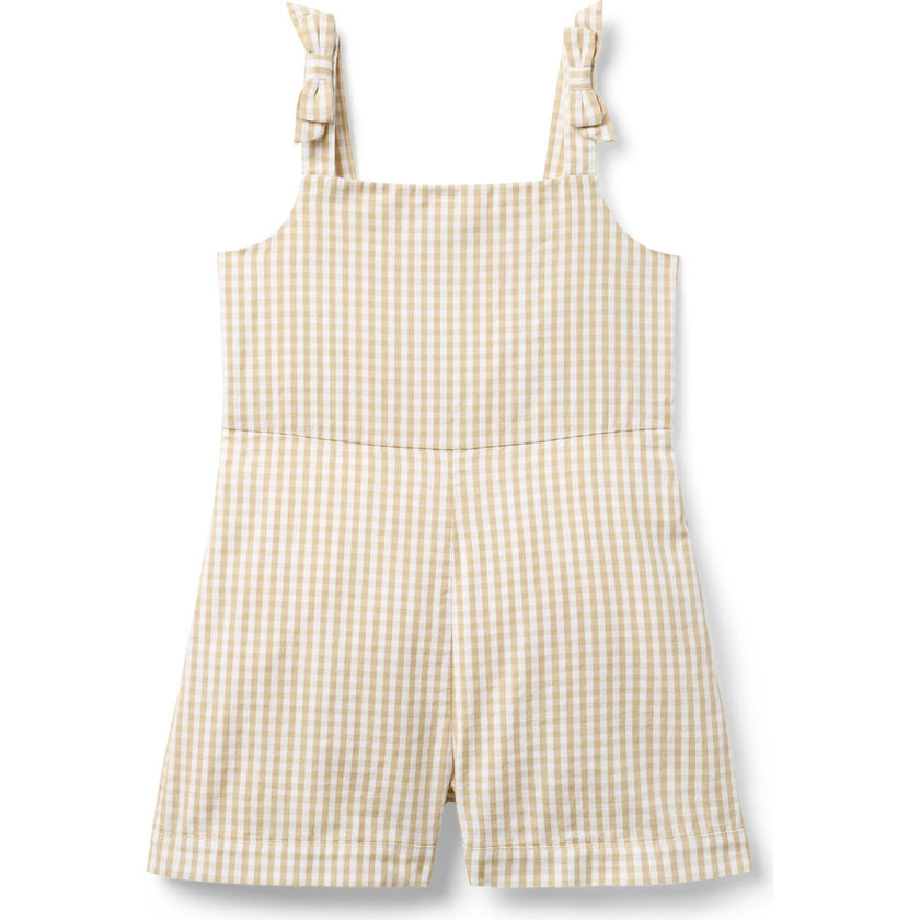 Twill Gingham Romper, Khaki