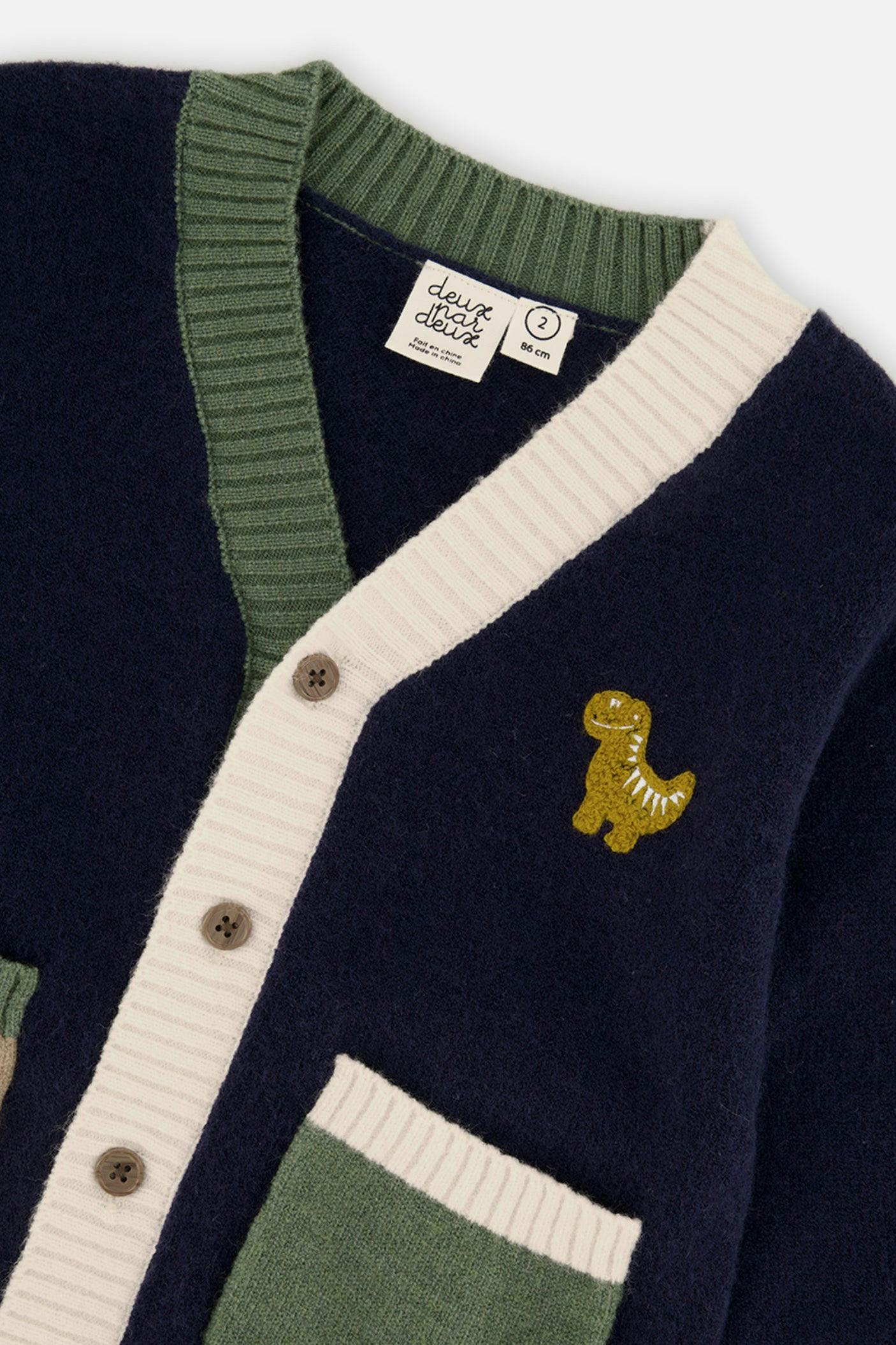 Baby Knit Cardigan With Dino Dark Blue, Green And Yellow
