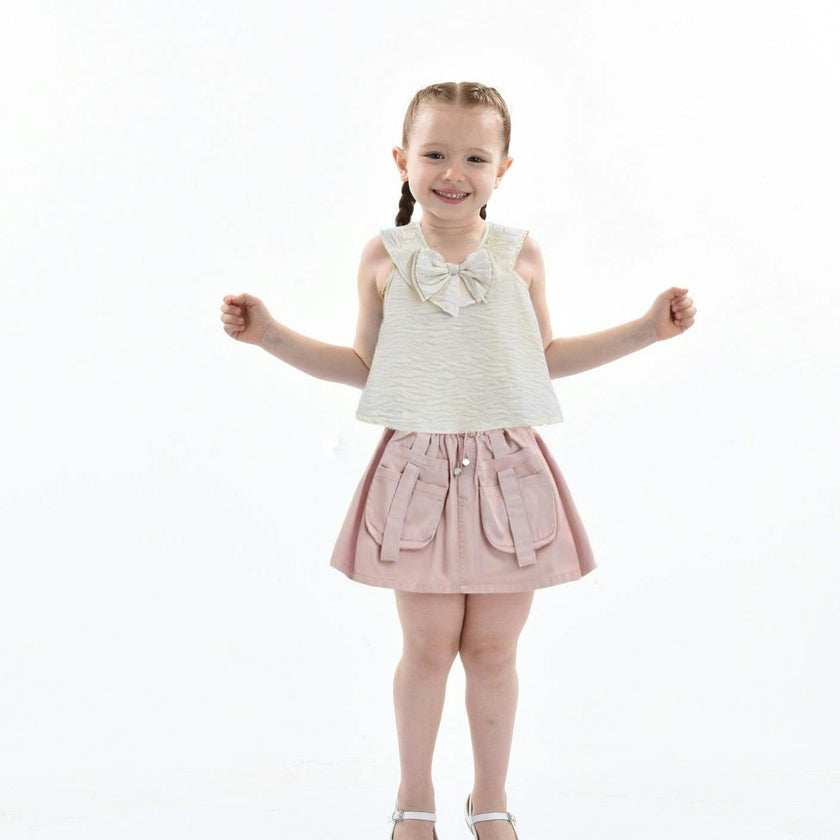 Ivory Pink Strap Bow Shorts Set