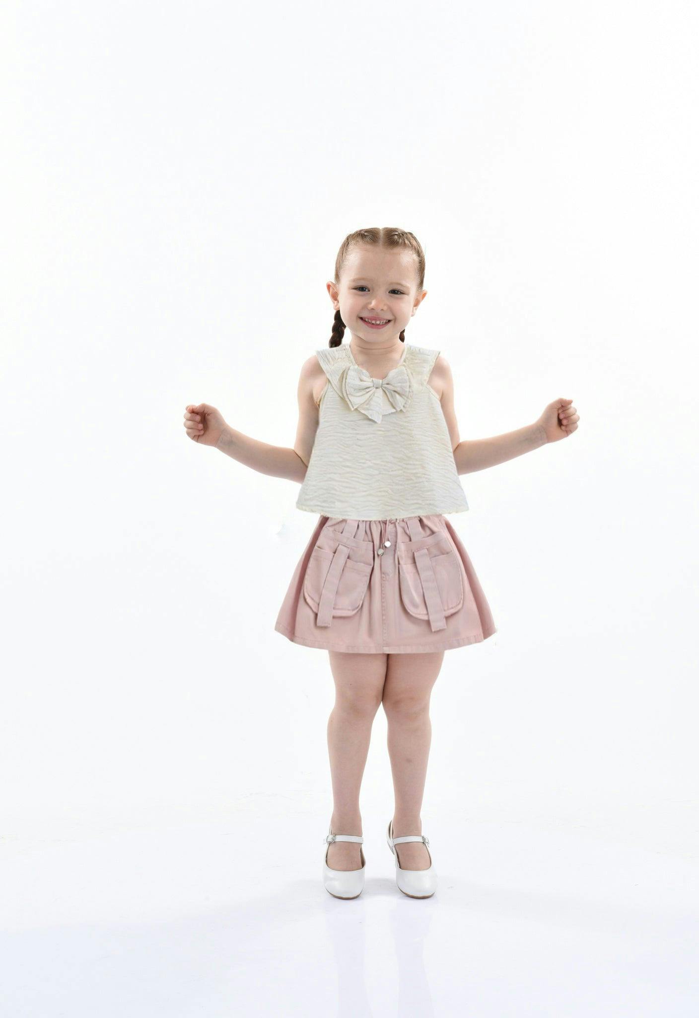 Ivory Pink Strap Bow Shorts Set