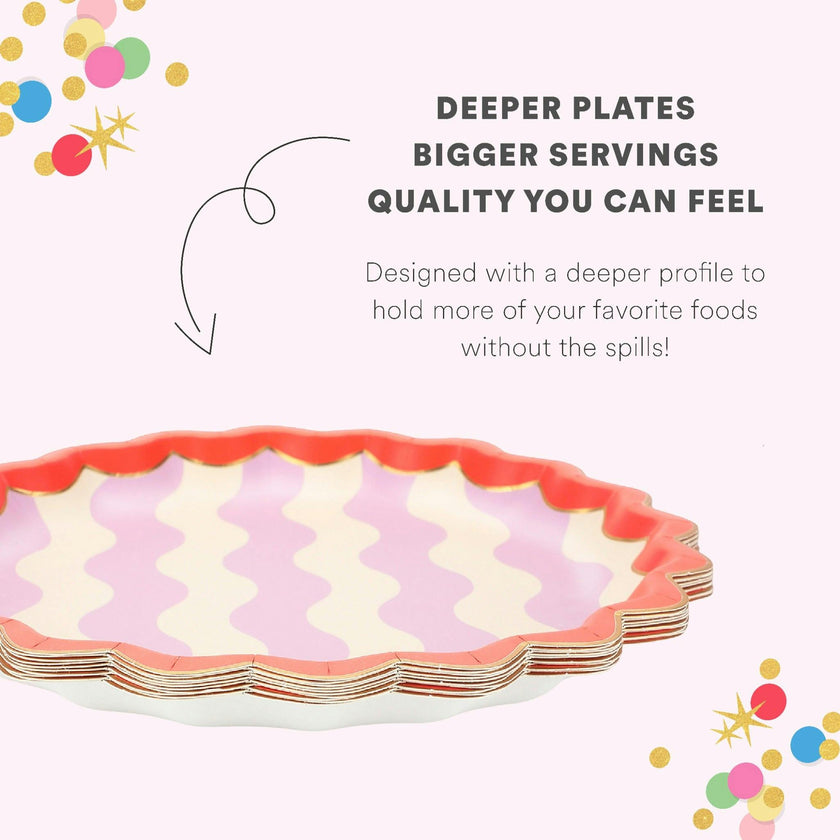 Packed Party Wavy Wishes 10ct Paper Dinner Plates | Gold Foil Scalloped Edge Birthday Party Plates |10 Inch Red and Purple Plates
