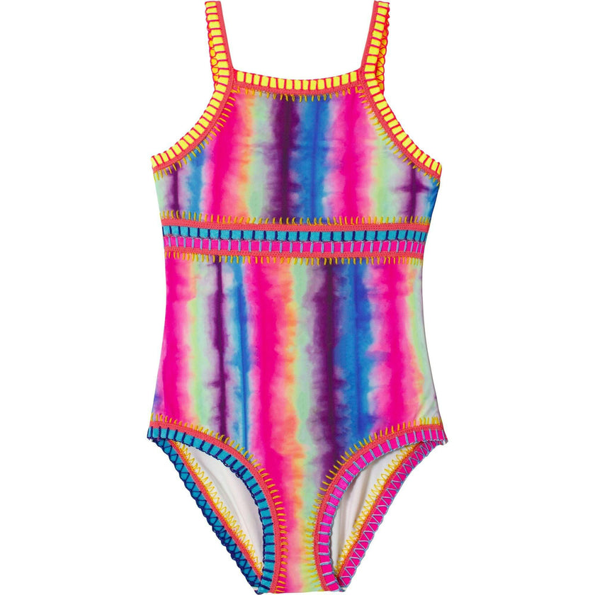 Tie Dye Rainbow Embroidered High Neck One Piece, Multi