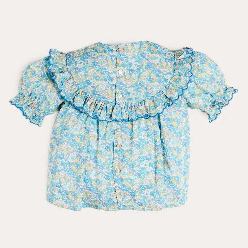 Leontyne Floral Scalloped Smocked Detail Short Sleeve Blouse in Blue Made with Liberty Fabric (2- 10yrs)