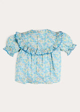 Leontyne Floral Scalloped Smocked Detail Short Sleeve Blouse in Blue Made with Liberty Fabric (2- 10yrs)