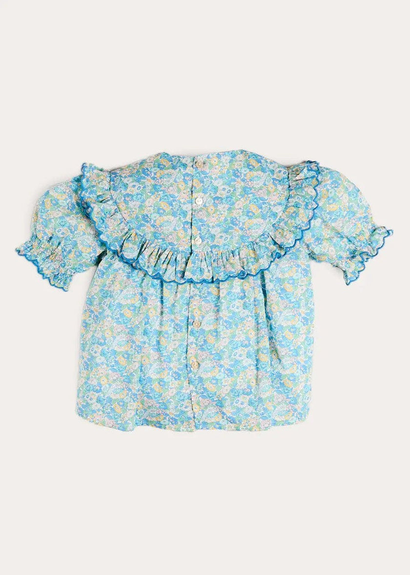 Leontyne Floral Scalloped Smocked Detail Short Sleeve Blouse in Blue Made with Liberty Fabric (2- 10yrs)