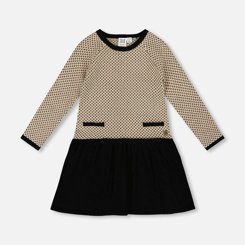 Long Sleeve Knit Sweater Dress Black And Beige