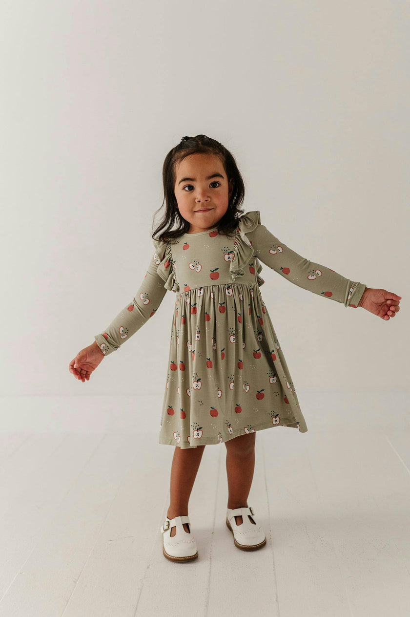 Girls Long Sleeve Ruffle Dress in Apple