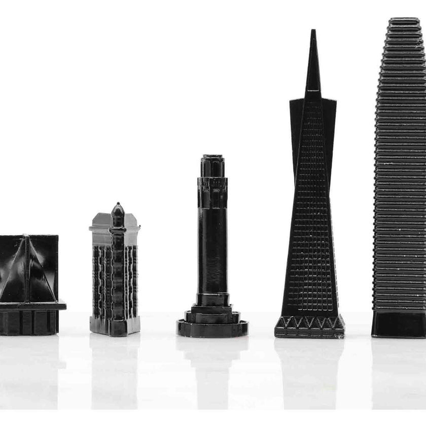 Chess Set Stainless Steel SAN FRANCISCO with Wood Map Board