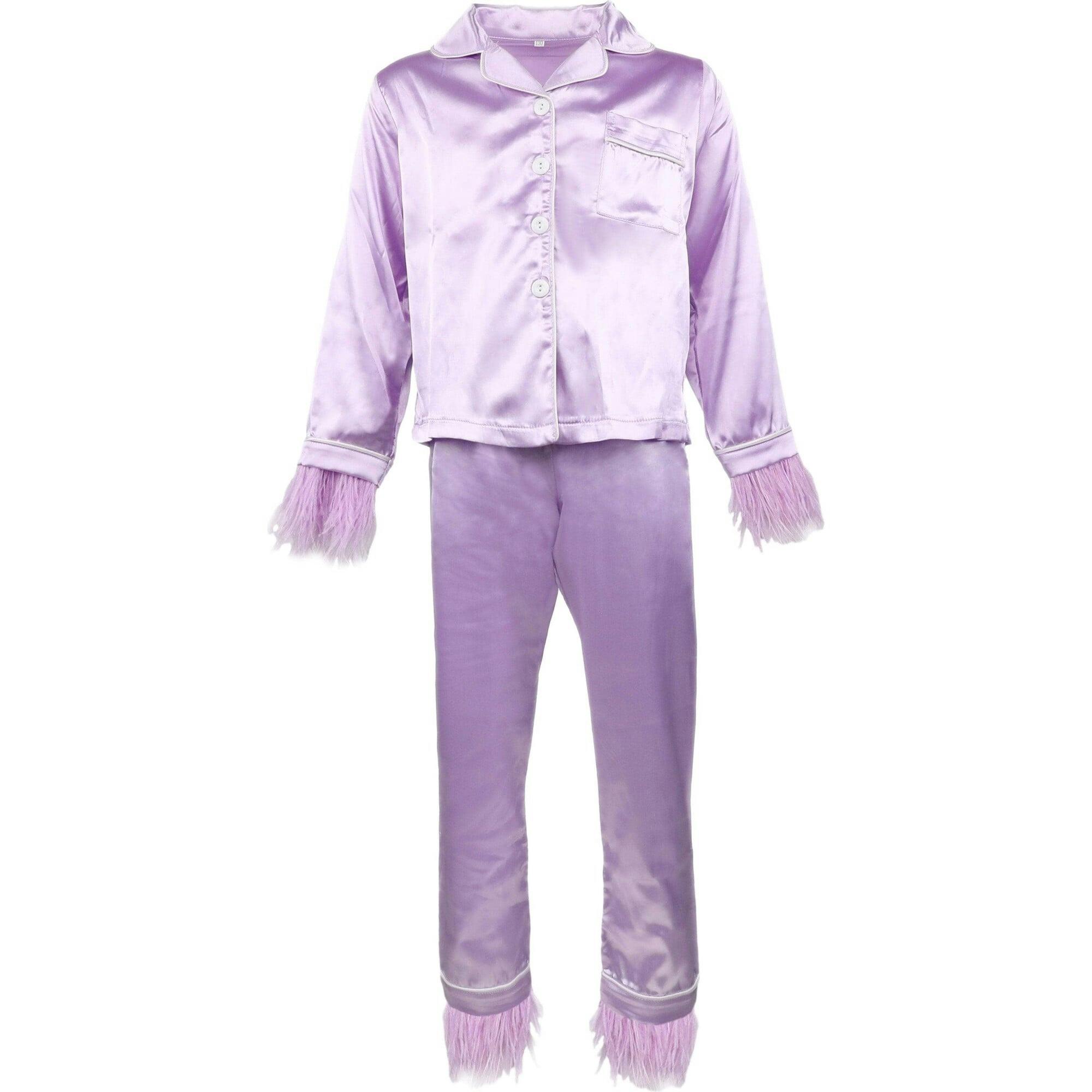Feather Trim Cuff Silk Pajamas Set