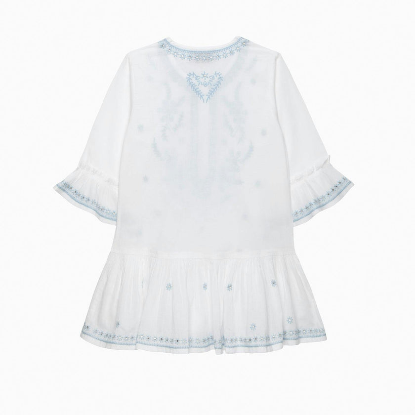 Embroidered Kaftan in White/Blue