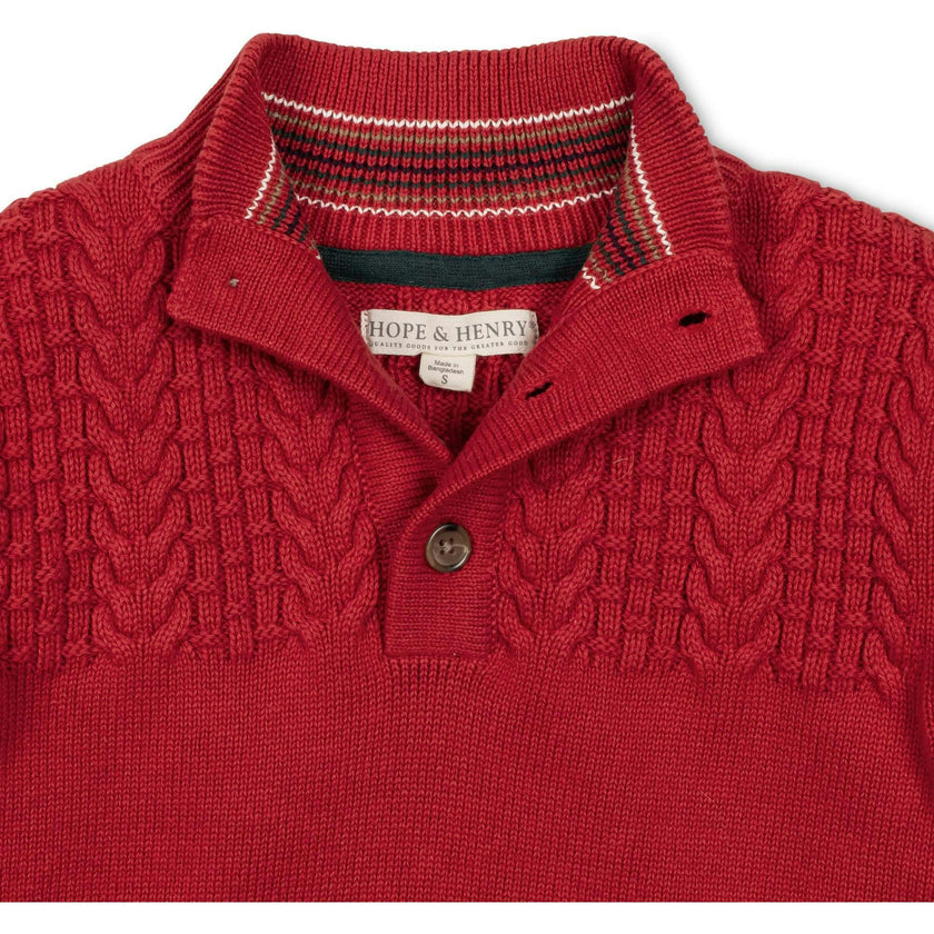 Organic Long Sleeve Mock Neck Sweater with Cable Yoke, Red