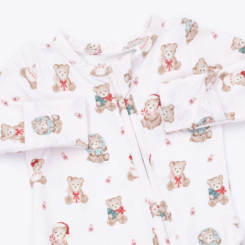 Christmas Teddy Bears Pink - 2 Way Ruffle Back Zipper Footie