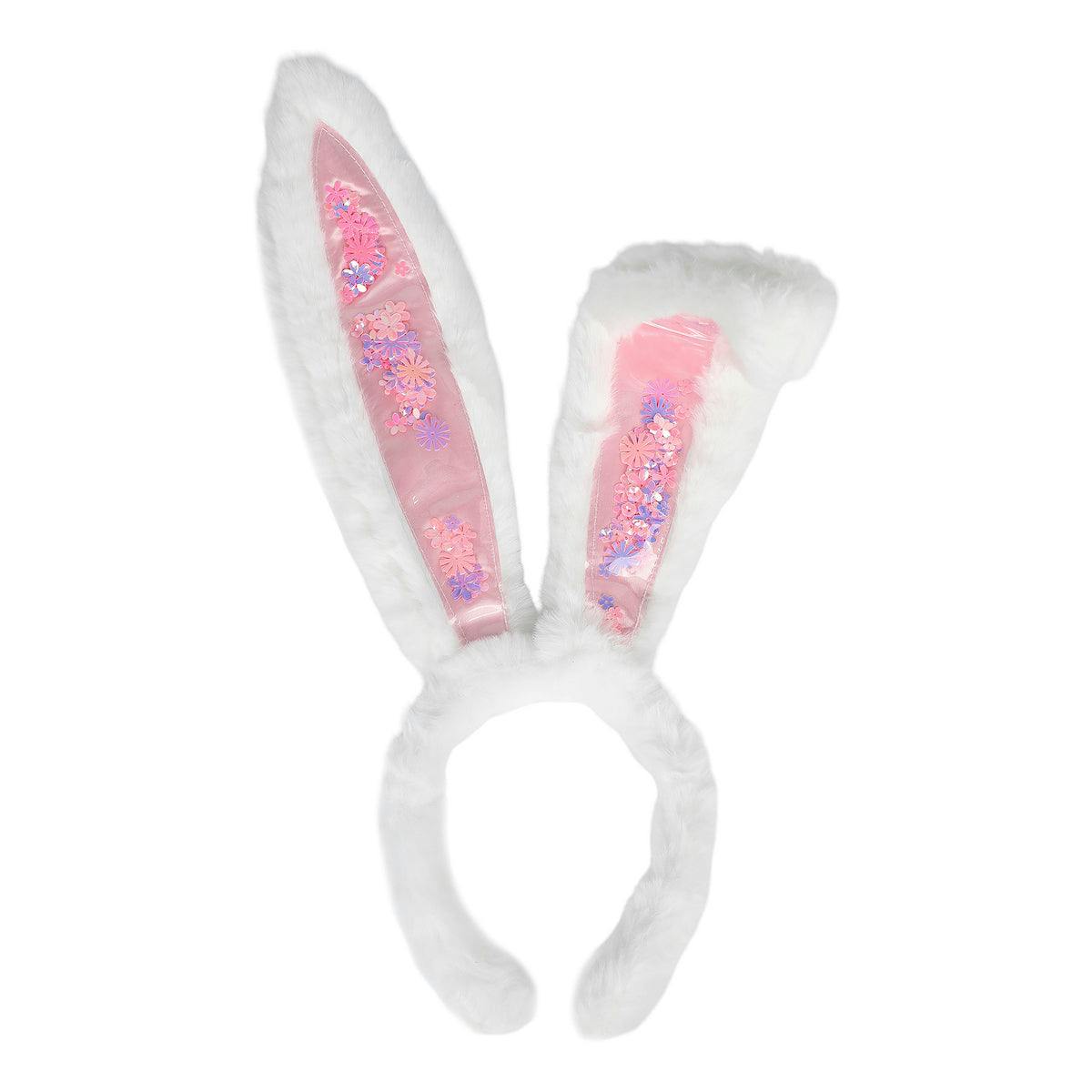 Packed Party Too Cute to Hop Plush Bunny Ears Headband - Trapped Pastel Confetti Interior with Fuzzy White Trim for Easter Parties and Spring Celebrations
