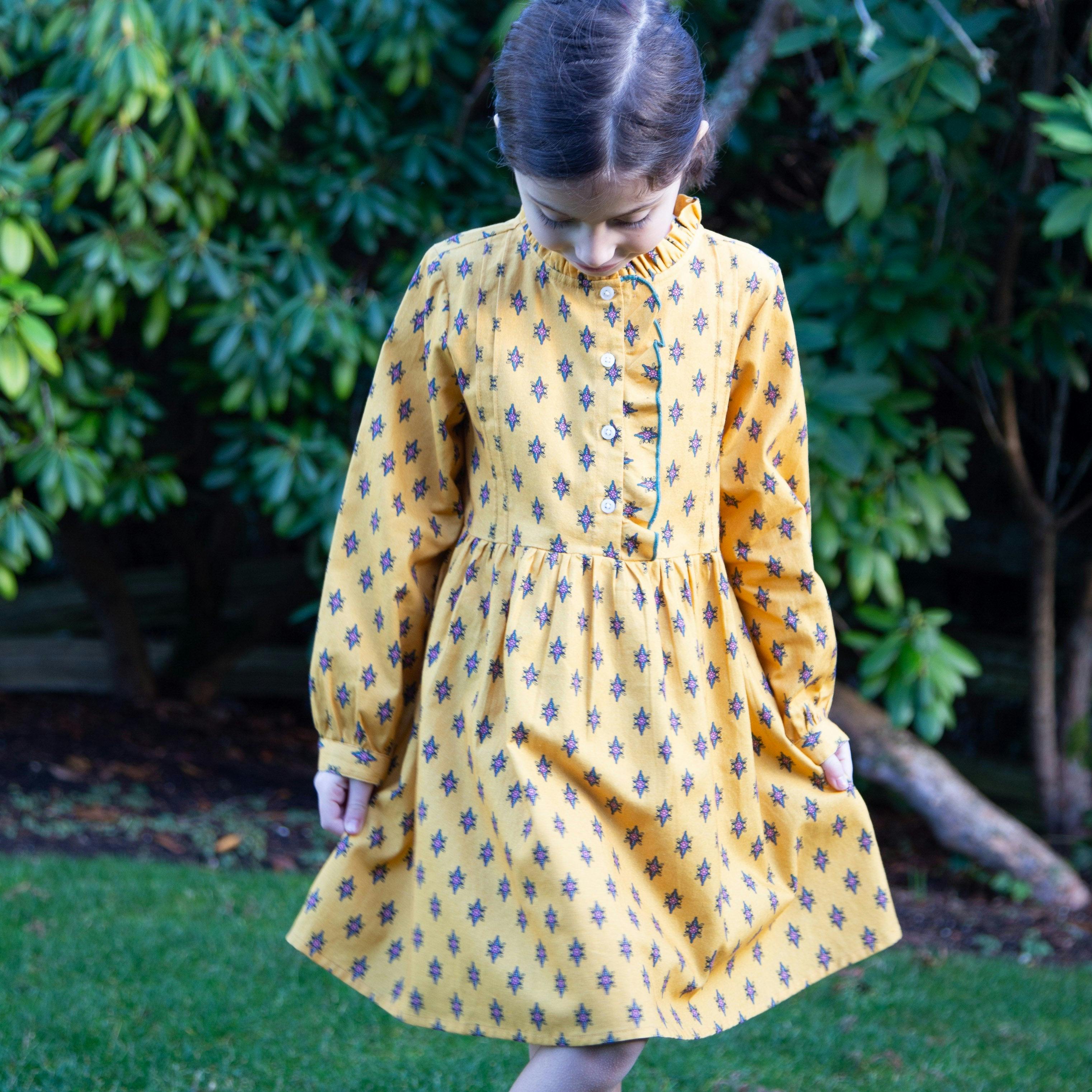 Girls All-Over Print Front Ruffle Long Sleeve Dress