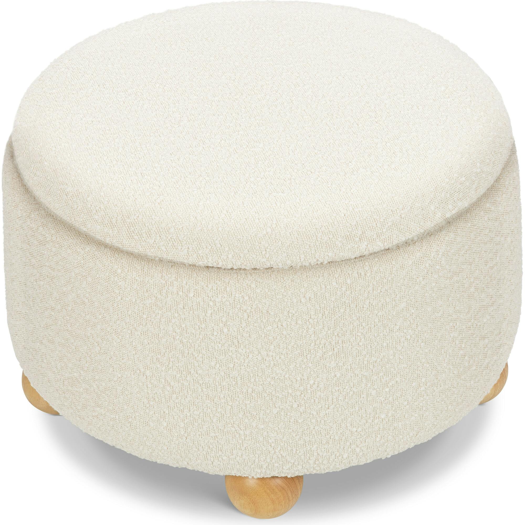 Tuffet Storage Ottoman in Performance Ivory Boucle with Honey Ball Feet