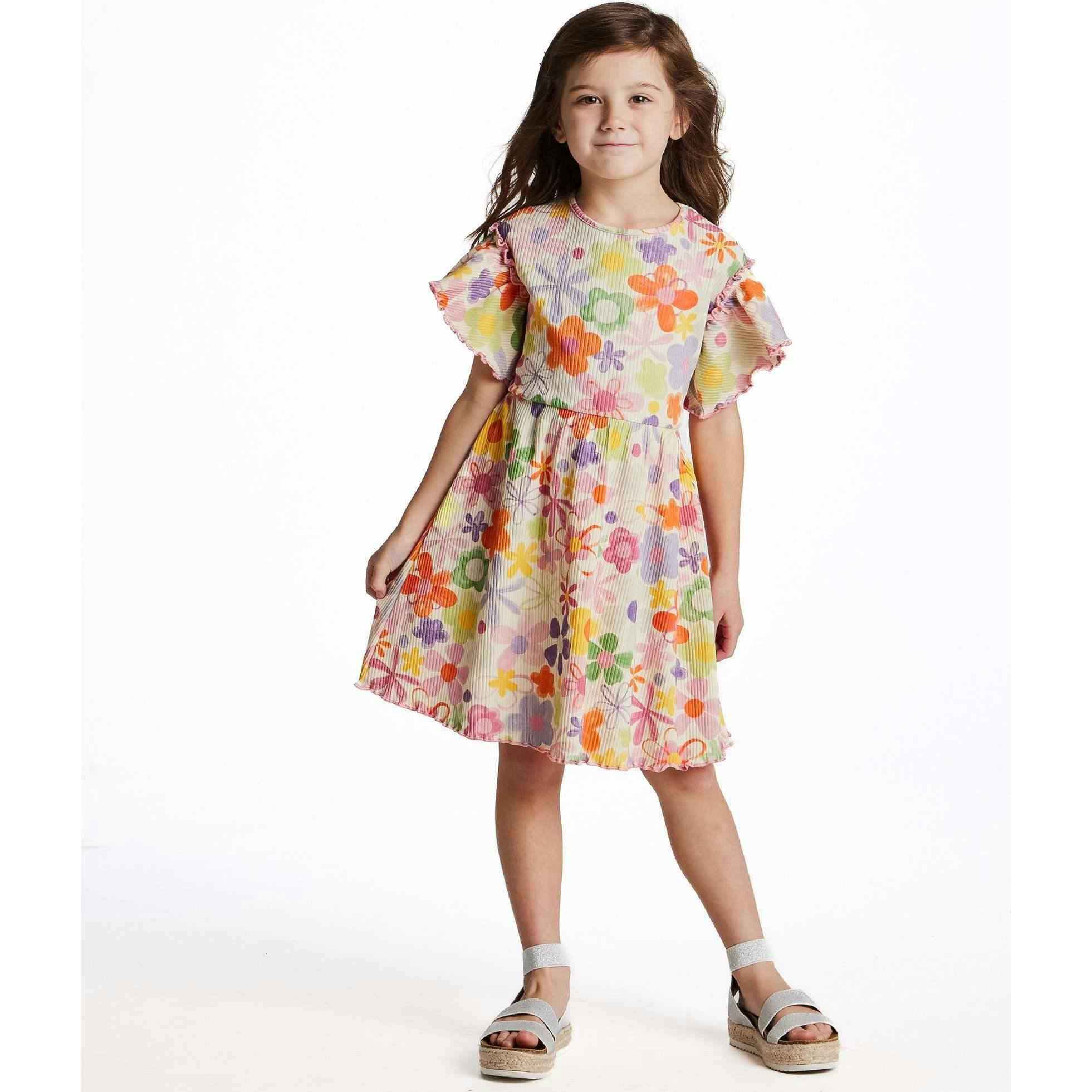 Girls Printed Rib Dress | Multicolor Floral