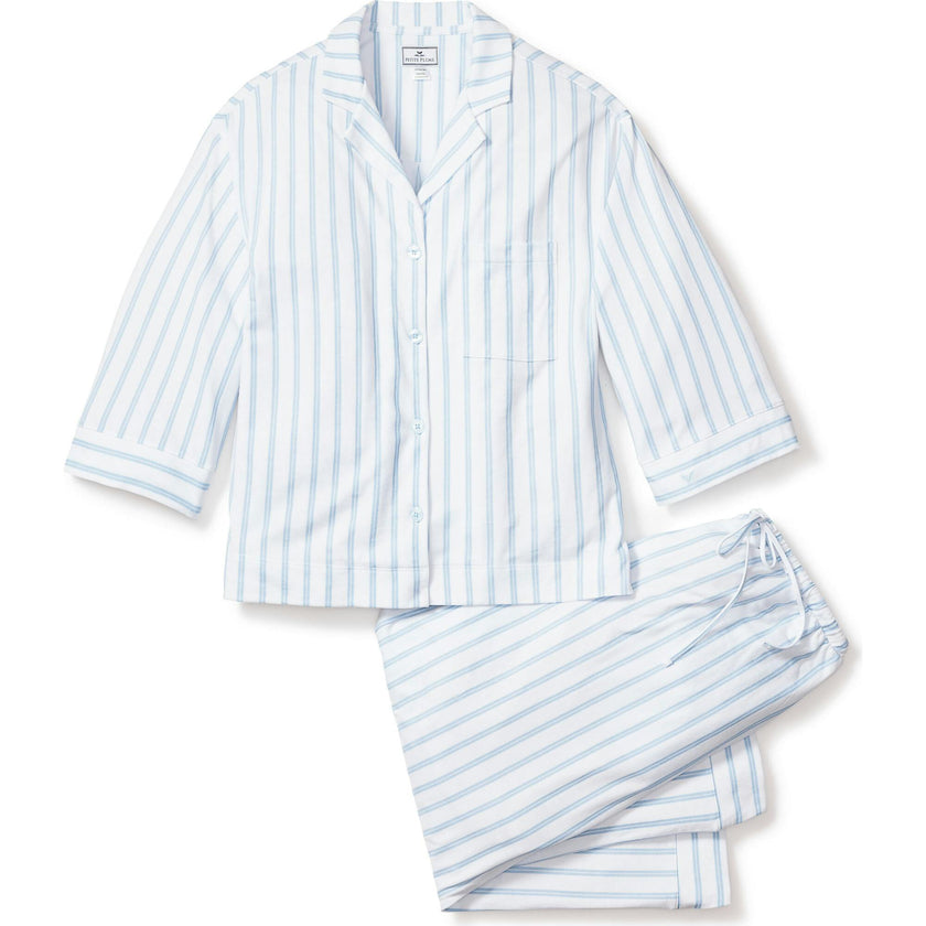 The Olivia Wide Leg Pima Pajama Set in Periwinkle Stripe
