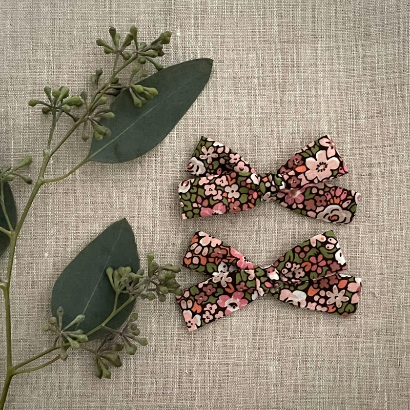 Skinny Ribbon Pigtail Bows, Liberty Pink Blossoms