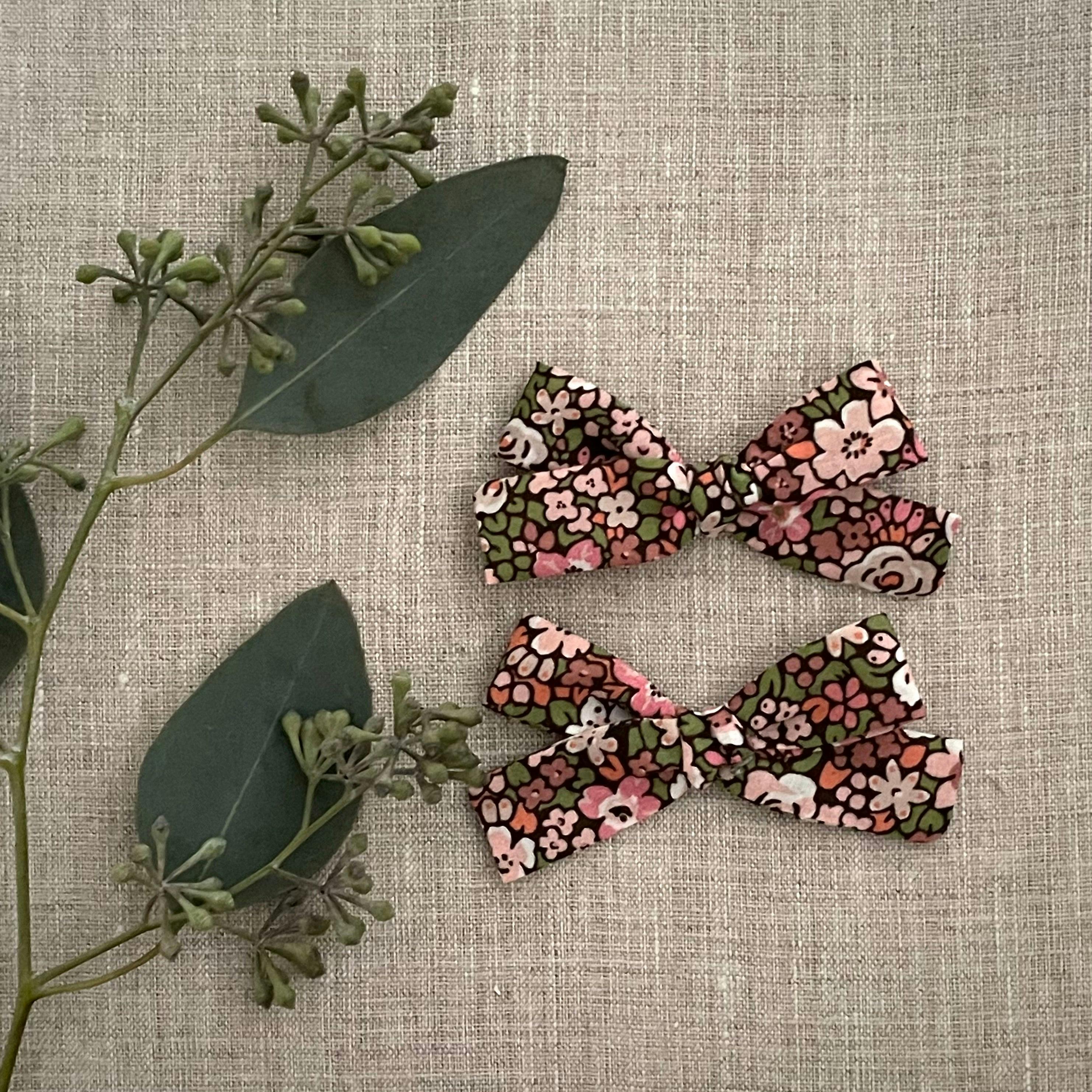 Skinny Ribbon Pigtail Bows, Liberty Pink Blossoms