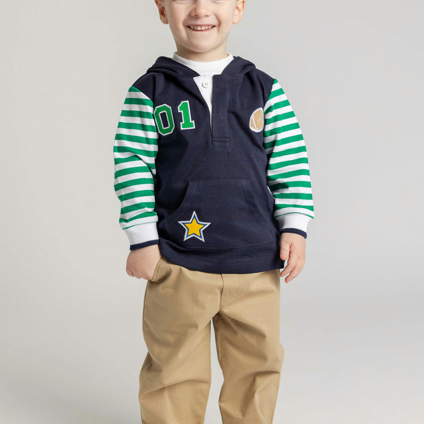 Hooded Knit Shirt with Varsity Football Motifs