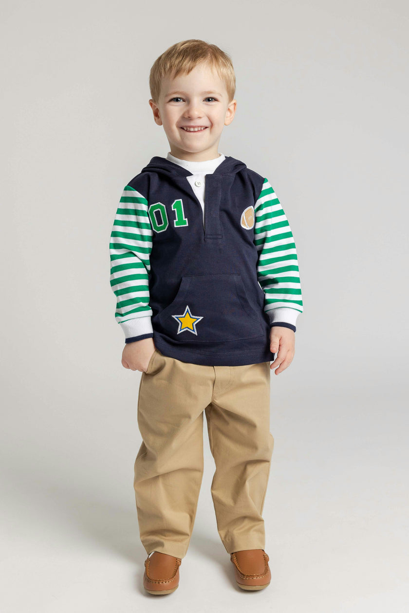 Hooded Knit Shirt with Varsity Football Motifs