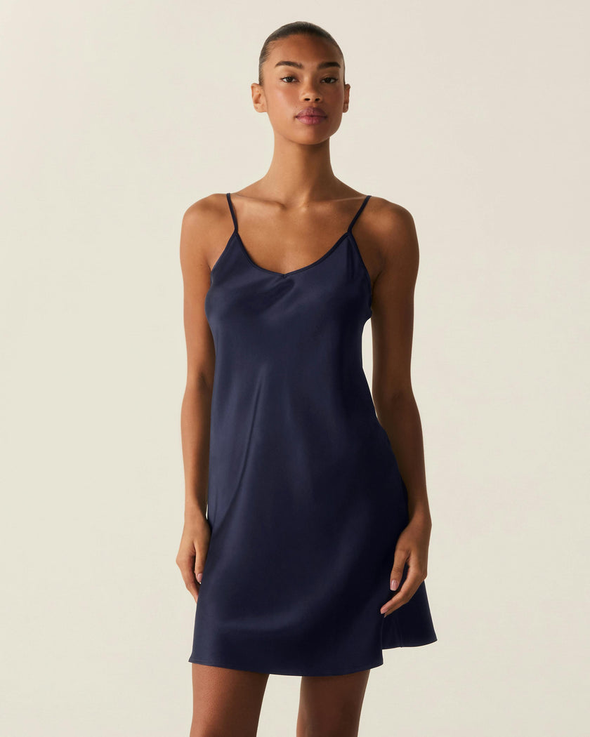 The Bijou Silk Mini Slip Dress in Navy