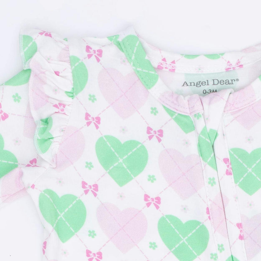 Heart Argyle - 2 Way Ruffle Sleeve Zipper Footie