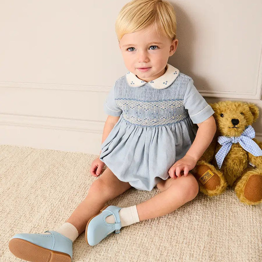 Hand Smocked Peter Pan Collar Short Sleeve Romper in Sky Blue (3mths-2yrs)