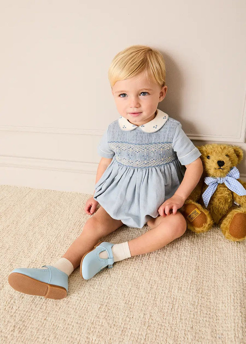 Hand Smocked Peter Pan Collar Short Sleeve Romper in Sky Blue (3mths-2yrs)