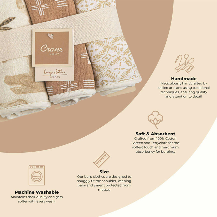 Kendi 3-pc. Newborn Cotton Burp Cloth Set (Safari Animal)