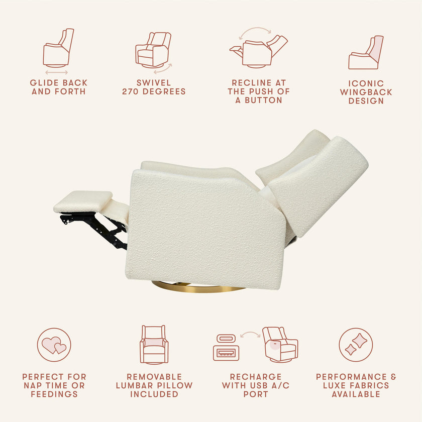Kiwi Electronic Recliner and Swivel Glider with USB port in Ivory Boucle with Gold Base