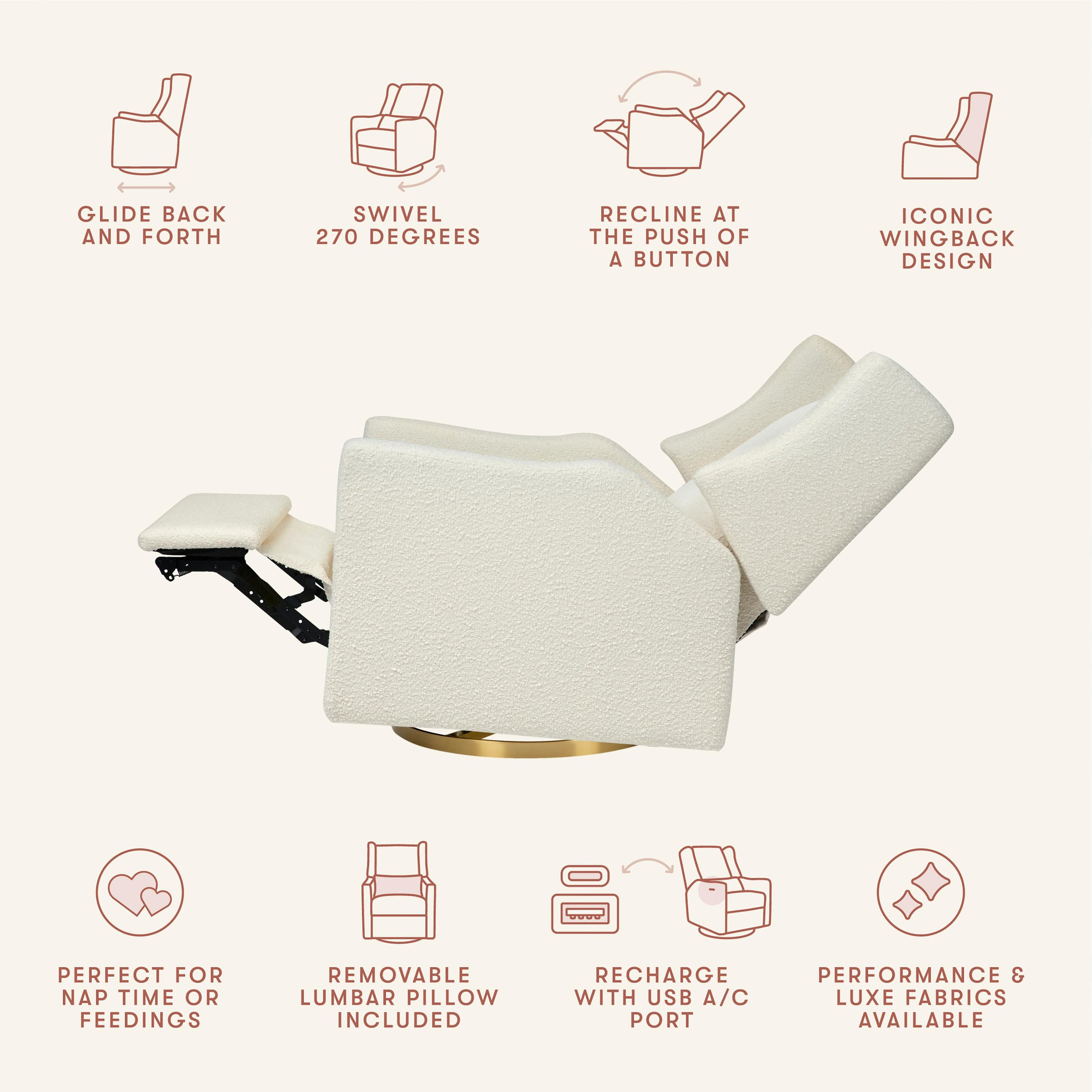 Kiwi Electronic Recliner and Swivel Glider with USB port in Ivory Boucle with Gold Base