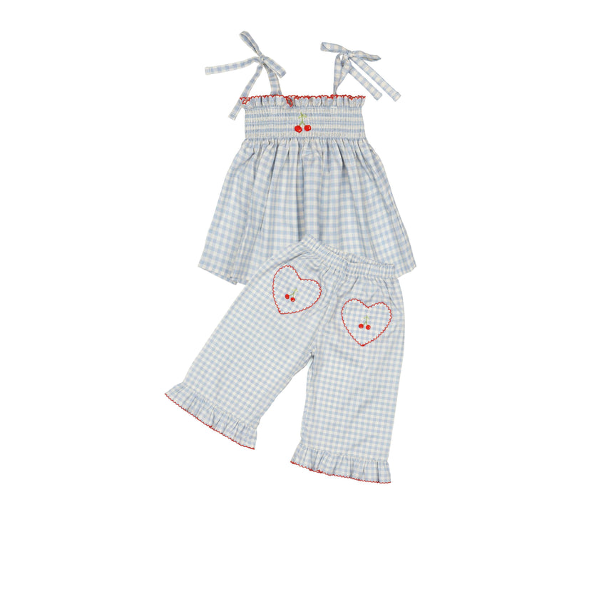 Ruffle Pant Set in Blue Gingham/Cherry