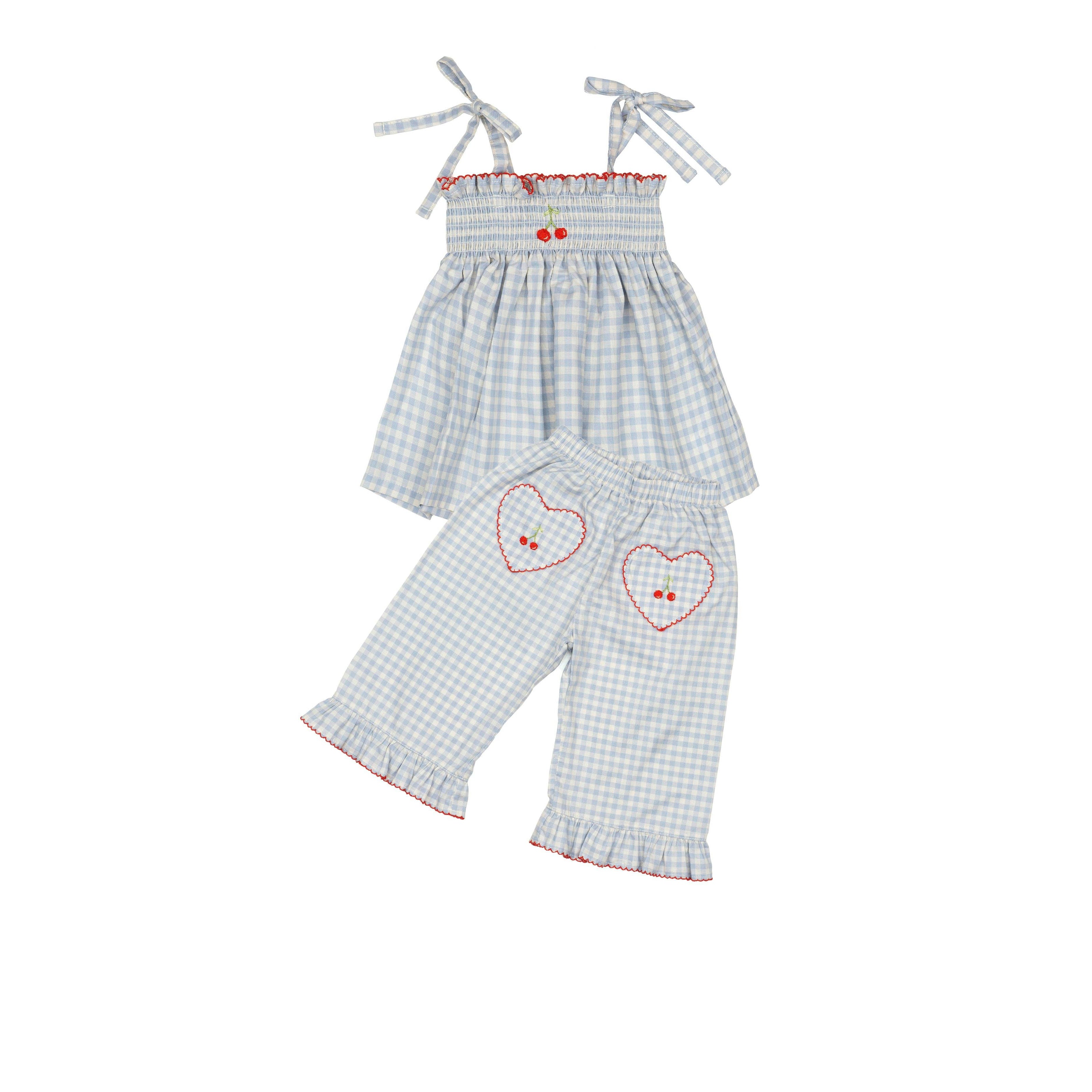 Ruffle Pant Set in Blue Gingham/Cherry