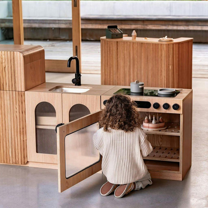 Oak Fluted Play Kitchen Set: Fridge + Sink + Oven
