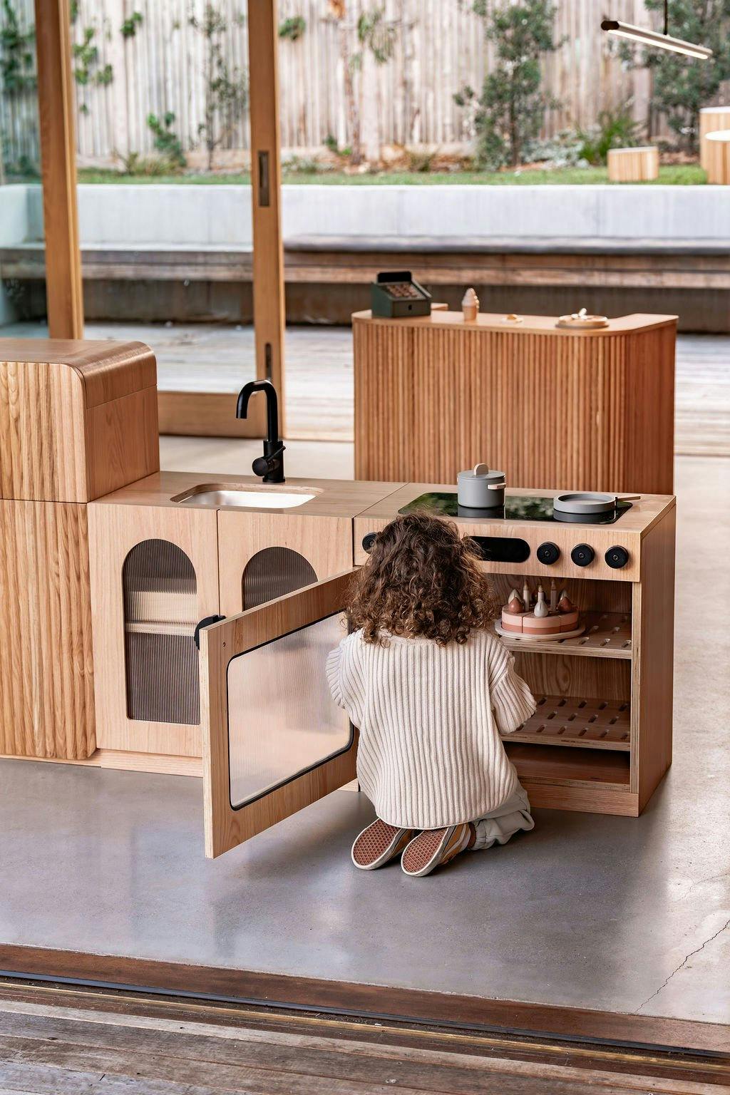 Oak Fluted Play Kitchen Set: Fridge + Sink + Oven